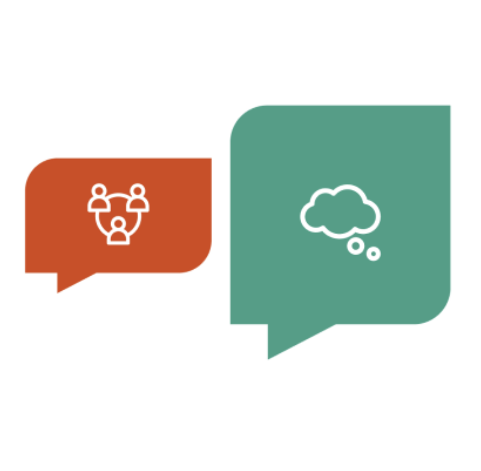 Image of two speech bubbles with simple icons from Sport England's strategy information