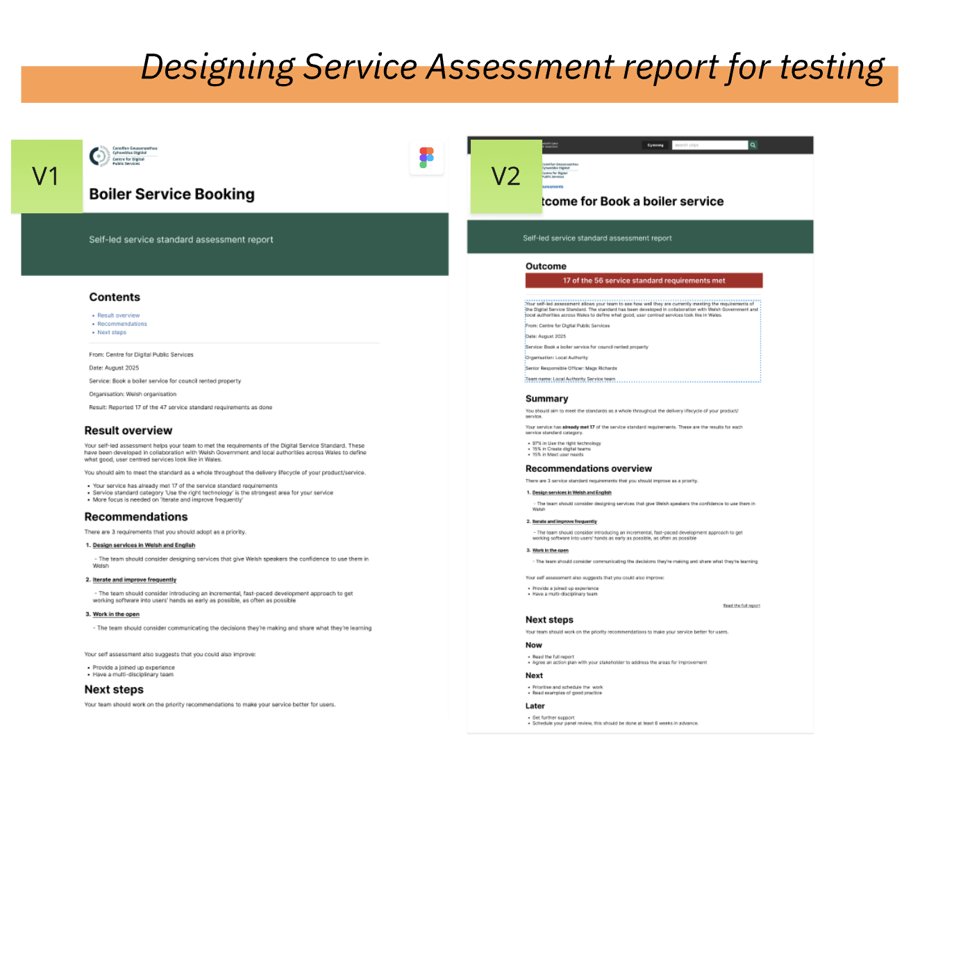 Screenshot of two test versions of a Welsh Government webpage